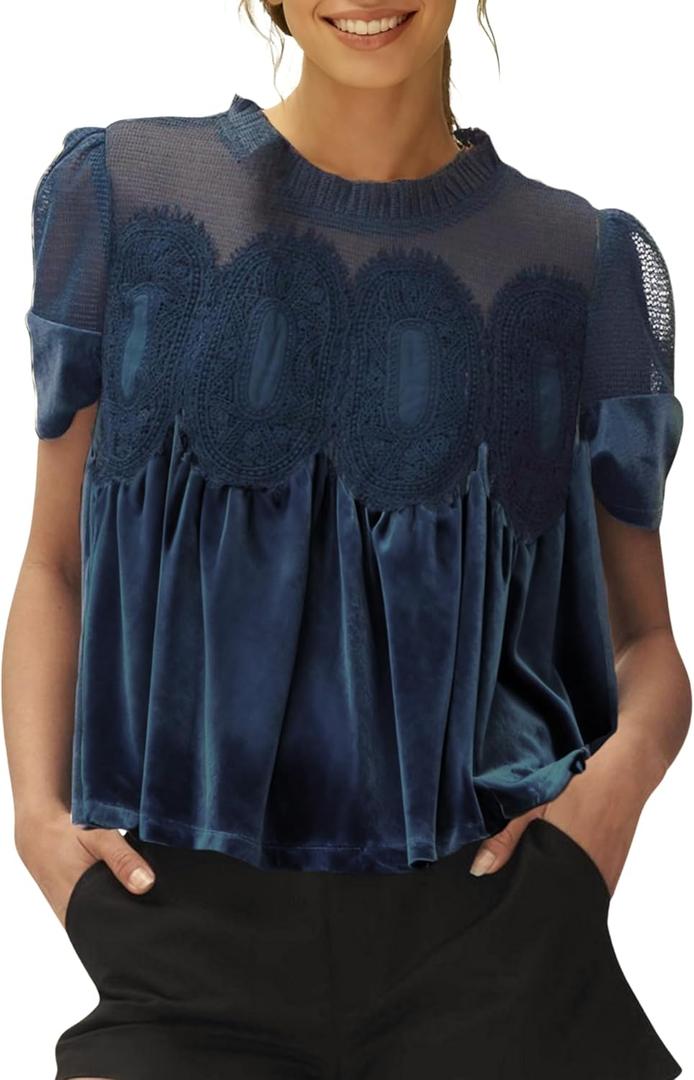 Gozoloma Women's Velvet Lace Blouse Casual Round Neck Short Sleeve Flared Swing Top Elegant Loose Intricate Back Design (X-Large, Mediumblue)