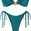 ZAFUL Metal Ring Bandeau Bikini Set Tie Side Bathing Suit High Cut 2 Piece Swimsuit Cutout Swimwear (Large, Silky Green)