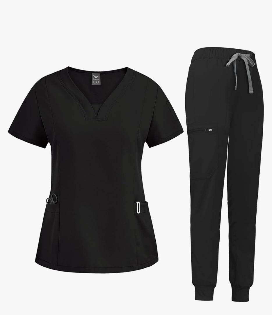 niaahinn Scrub Suit Set for Women Modern V-neck Top & Tapered Leg Jogger Pants with Drawstring Medical Nursing Uniforms Set, S