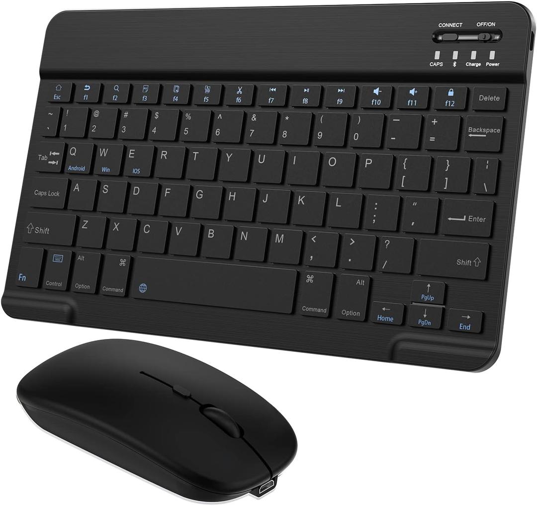 Ultra-Slim Small Bluetooth Keyboard and Mouse Combo Portable Rechargeable Wireless Keyboard for Android Tablet Cell Phone Samsung Smartphone iPhone iPad mini Pro Air 10.2 10.9 11 12.9 13 inch (Black)