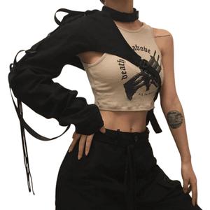 Women Sexy Reflective One Shoulder Buckle Top Long Sleeve Irregular Shirt for Rave Festival Party