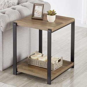 FOLUBAN Industrial End Table, Square Side Table with Storage Shelf for Living Room, Wood and Metal Nightstand, Oak
