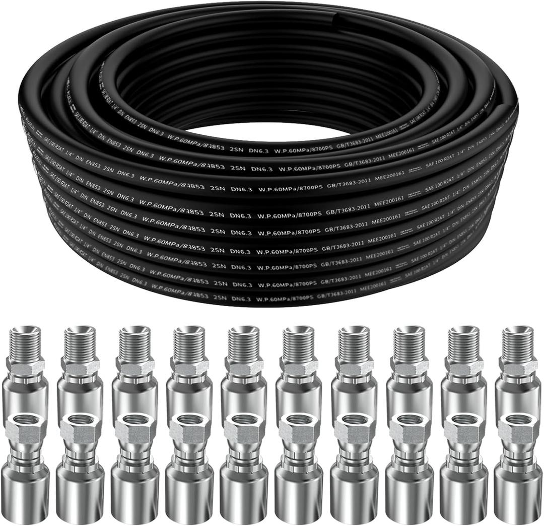 50Ft 1/4 Hydraulic Hose with 10Pcs 1/4" JIC 37 Female and 10Pcs 1/4 inch NPTF Male Hydraulic Hose Fittings W.P.60MPa / 8700PSI