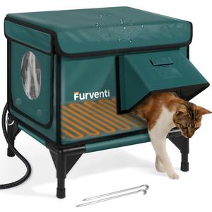 Outdoor Heated Cat House in Winter,Extremely Insulated & Weatherproof,Elevated Feral Cat Shelter with Waterproof Eaves & Escape Door for Outside Stray Barn Cat (Dark Green,S)