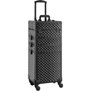 Rolling Makeup Case 4 in 1,Professional Makeup Train Case organizers,Large Storage Cosmetic case Trolley,Makeup Travel Case for Salon Barber Bright Black