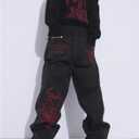 Y2K Jeans Men's Hip Hop Vintage Skull Embroidery Wash Denim Pants Gothic Straight Tube Loose Wide Leg Pants (Black, S)