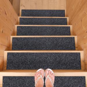 Ottomanson Non-Slip Rubberback Solid 8" x 30" Indoor/Outdoor Stair Treads for Stairs, Garage, Patio, 14 Pack, Black