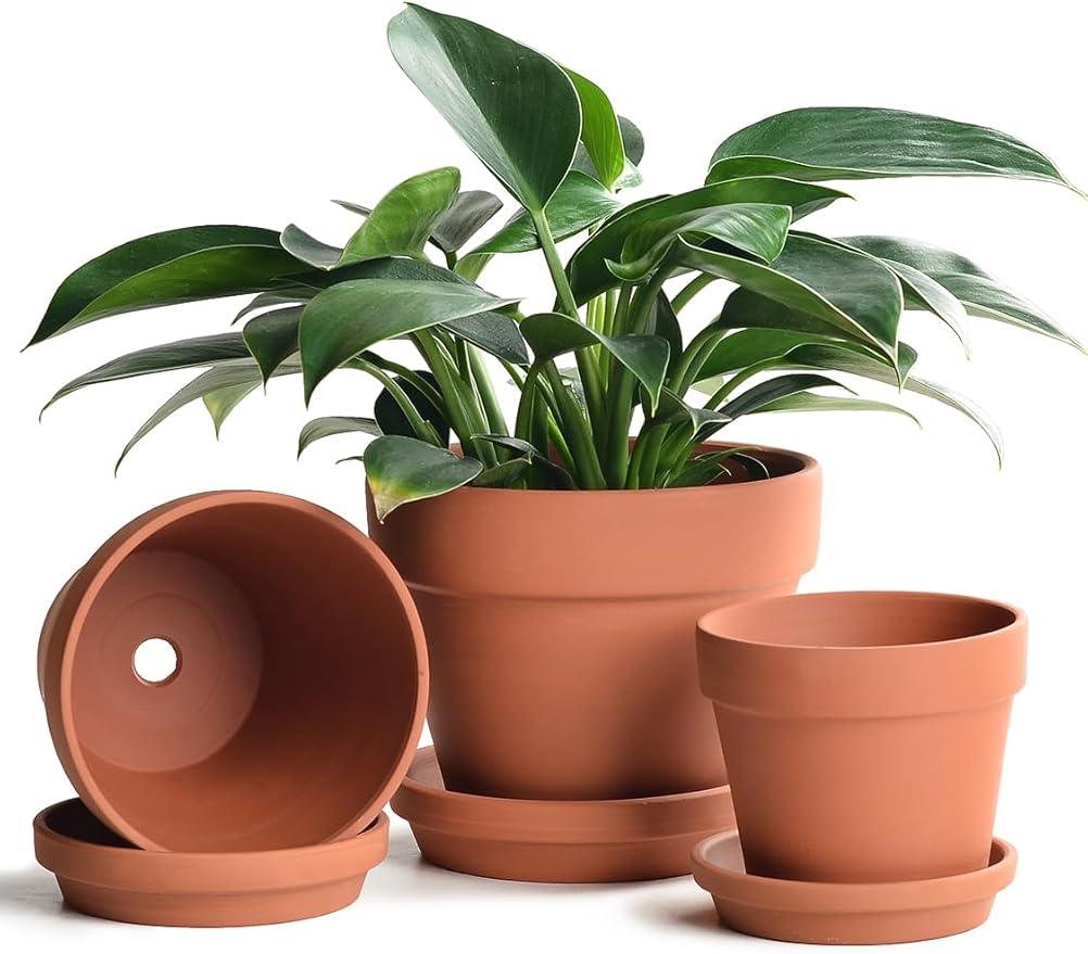 INGOFIN Terracotta Pots Set with Saucer - 5/7 Inch Ceramic Clay Planters with Drainage Hole, Garden Flower Succulent Pots with Tray for Indoor Outdoor Plants, Set Of 2