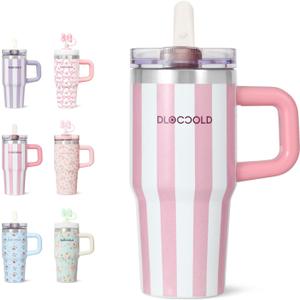 DLOCCOLD 16 oz Stainless Steel Tumbler with Lid and Straw, Double Wall Vacuum Insulated Travel Tumbler with Straw Cover Cap, Cupholder Friendly, Leak Resistant, Reusable Travel Coffee Mug (Pink Stripes)