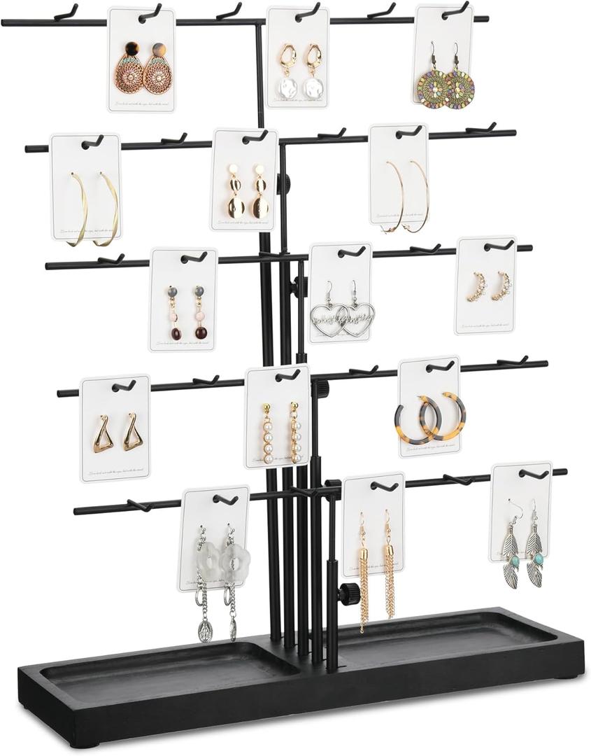 HULISEN Earring Display for Vendors, Adjustable Height Earring Display Stands for Selling, Jewelry Display for Earring Card, Keychain, Earring Rack Display Holder with Tray, 30 Hooks, Black