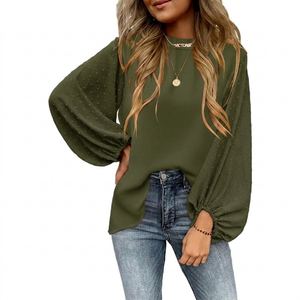 Samefar Womens Tops Dressy Casual Lantern Long Sleeve Blouses Swiss Dot Crew Neck Fall Tunic Dressy Loose Outfits (Large, Black)