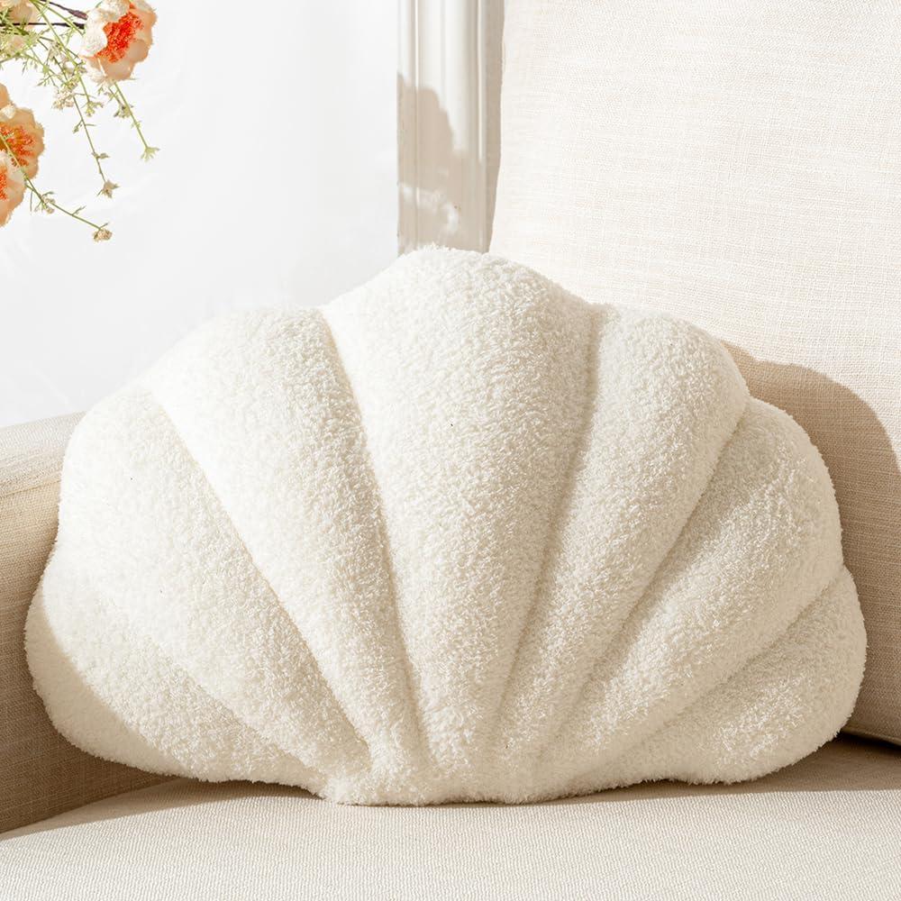 Seashell Throw Pillows Shell Shaped Pillow White Sea Shell Pillows for Bed Seashell Decorative Pillow Soft Plush Pillow Sea Couch Decoration(13 X 10 inch)