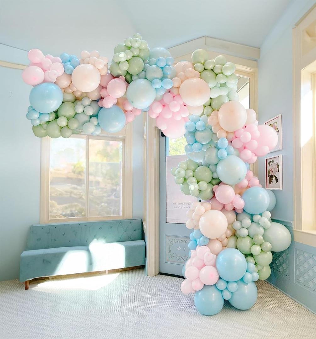 kozee Pastel colorful Spirng Balloon Garland Arch Kit 140pcs Pastel pink green blue balloons for Happy Easter Alice in Wonderland Spring Tea Party 1st Birthday Baby Shower one silly goose decorations