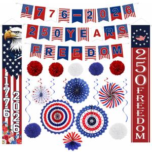 27 PCS 250th Anniversary USA 4th of July Decorations Set,Patriotic Red White Blue Party Kit for America’s 250th Birthday,Independence Day & Memorial Day with Paper Fans,Pom Poms & Banners