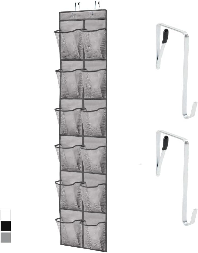 GORILLA GRIP Over the Door Shoe Organizer, 12 Large Breathable Mesh Pockets, Space Saving Hanging Storage Holder, 2 Hook Closet Rack Hanger, Hangs on Closets for Shoes, Accessories, 64H x 9.5W Grey