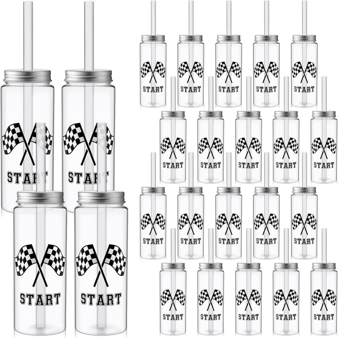 24 Pcs 14 oz Checkered Flag Cup Race Car Party Supplies for Birthday Plastic Cup with Straw and Lid Black and White Plaid Flag Checkered Cups for Birthday Race Car Themed Party Supplies