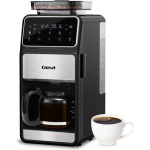 Gevi Grind & Brew Coffee Maker 10 Cup, Built-In Burr Grinder Drip Coffee Machine, Programmable Touch Screen, 4-Hour Warm Plate, Permanent Filter & Glass Carafe