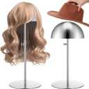 Sintuff 2 Pcs Hat Display Stand 7.9-15.7 Inch Adjustable Hat Holder Sturdy Wigs Head Stand Anti-rust Non-slip Stable Stainless Steel Metal Hat Rack for Multiple Hats Storage Wig(Silver,Round Base)