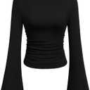 PRETTYGARDEN Womens Long Sleeve Shirts 2026 Spring Crop Going Out Tops Casual Boat Neck Bell Sleeve Ribbed Ruched Y2K Clothes Large