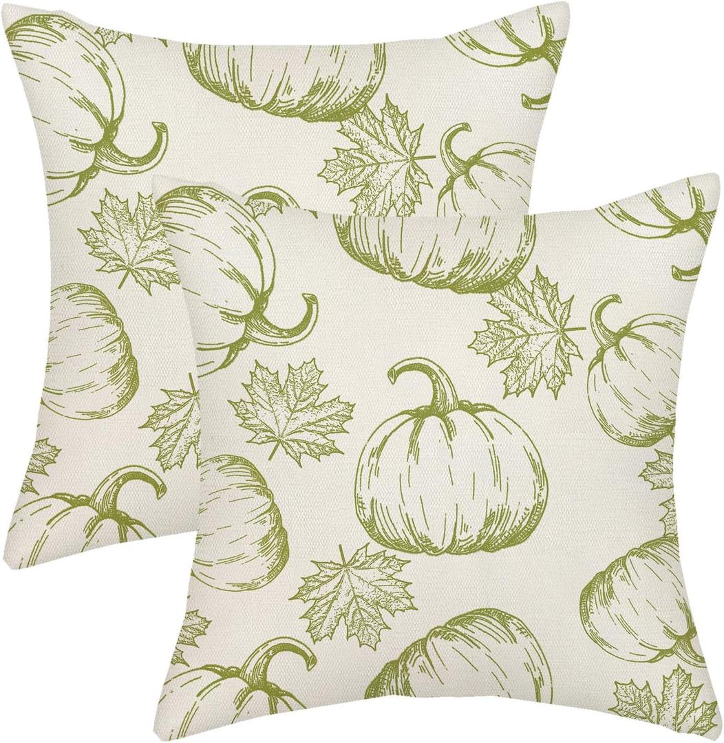 AGAYNA Fall Pillow Covers 18x18 Sage Green Pumpkin Decor Throw Pillows Case for Couch Maple Leaves Autumn Harvest Thanksgiving Farmhouse Indoor Outdoor Decorative Cushion Cases for Sofa Bed Set of 2