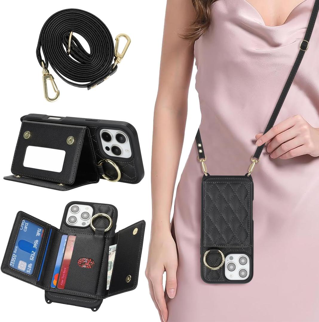 for iPhone 16 Pro Max Case with Card Holder and Strap for Women,Crossbody Lanyard, Make Up Mirror,Ring Stand,Snap Clasp,Cute Phone Wallet Cases 6.9 inch - Black