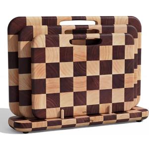 SMIRLY Wooden Cutting Boards for Kitchen, Double-Sided Cutting Board with Handle, Heavy Duty Solid Rubber Wood Cutting Board Set with Stand, 3 Pcs Cutting Boards Non Toxic for Meat Vegetable Fruit