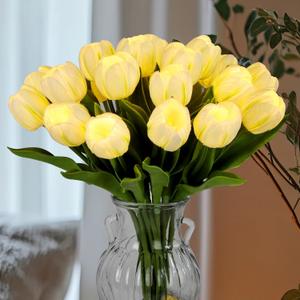 HOMESEASONS 20pcs LED Lighted Artificial Flowers Tulip Lamp Real Touch Tulips Faux Flower Lights for Valentine's Day and Easter Home Kitchen Wedding Dining Table Decor(White)
