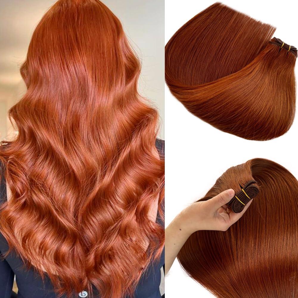 26 Inch Long Weft Hair Extensions Real Human Hair Double Weft Copper Red Sew in Extensions Remy Hairs for Women Hand Tied Real Hair Bundles Silky Straight Full Ginger Sewing Hairs Extension 120G