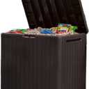 Keter City 30 Gallon Resin Outdoor Storage Box and Patio Furniture Side Table for Pool and Garden Accessories, Brown