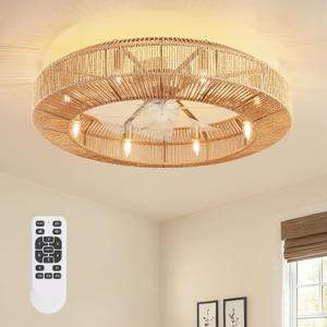 Siljoy 31.5" Boho Ceiling Fan, Low Profile Rattan Ceiling Fans with Lights and Remote, Flush Mount Caged Fandelier Ceiling Fan, Woven Farmhouse Enclosed Chandelier with Fan for Bedroom Living Room