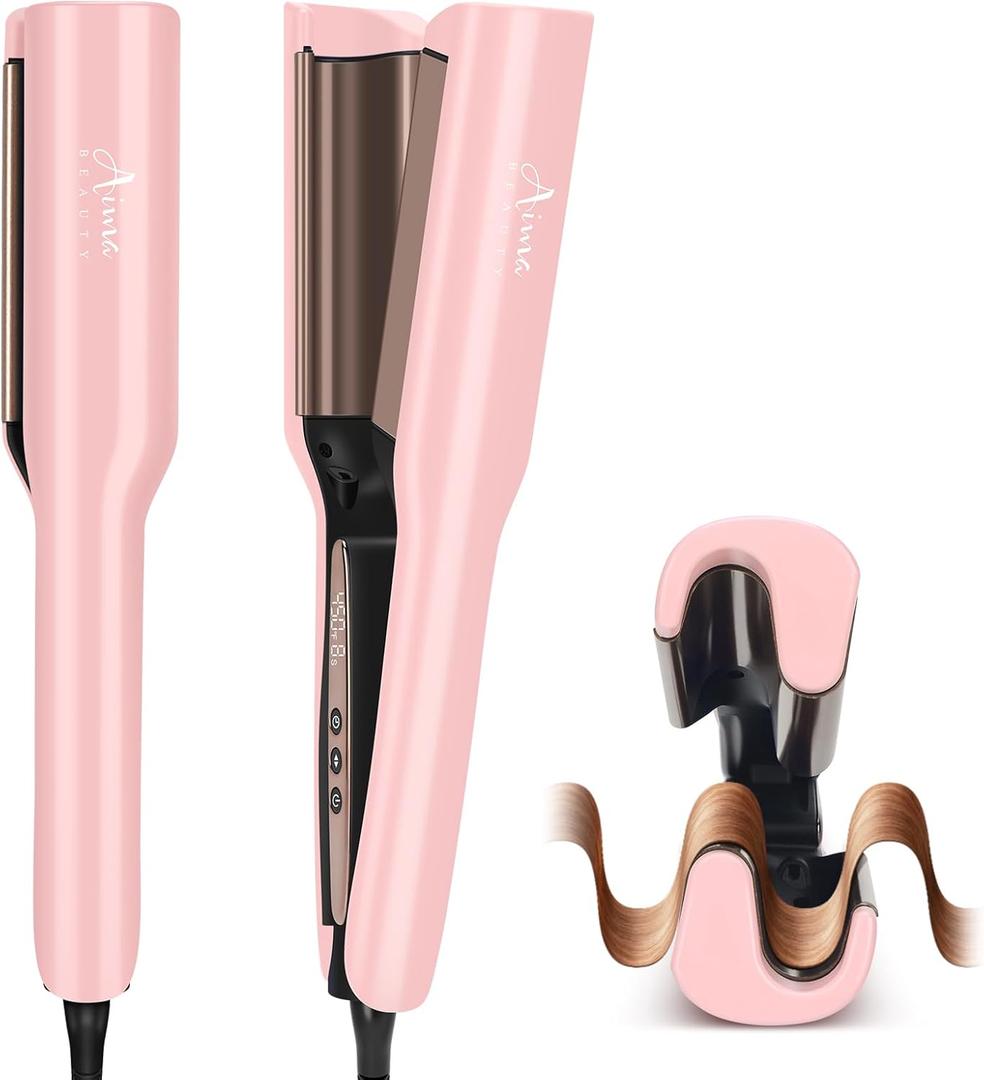 Aima Beauty 1 Inch Deep Wave Curling Iron Hair Crimper Waver Beach Waves Curling Wand, Memory Timer, Adjustable Temps Travel Dual Voltage Anti-Scald Long Lasting Style Ionic Anti-Frizz, Pink