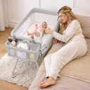 Baby Bassinet Bedside Crib for Newborn, 4-in-1 Baby Bassinet Bedside Sleeper with Mesh & Mattress, Easy Move Crib for Newborns with Lockable Wheels & Storage Basket, 4-Adjustable Height(Grey)
