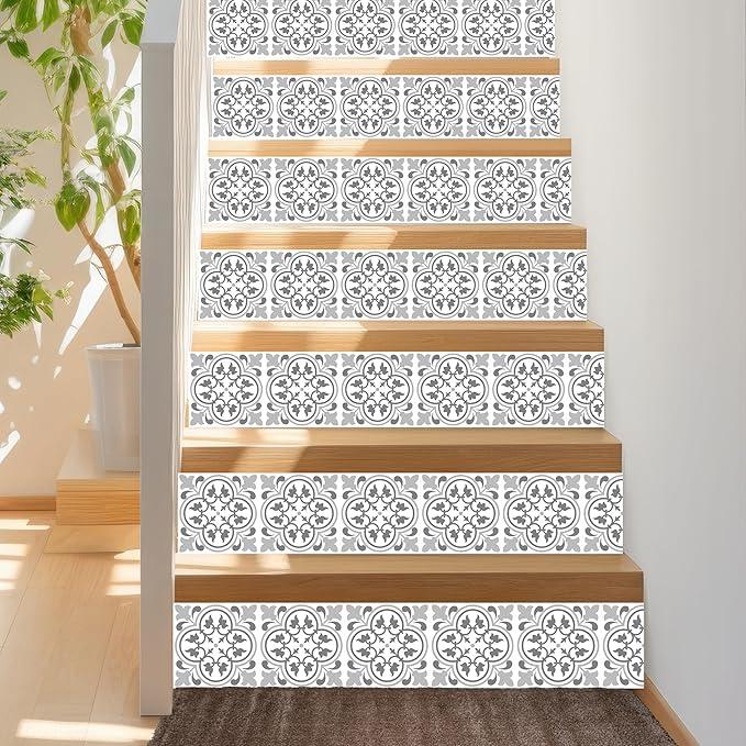 Peel and Stick Stair Riser Decals 15 Strips 39" x 7.1" Antique Pattern Tiles Stair Stickers Stair Decals Stair Risers Covers Wallpaper for Stairs Easy Installation Home Decor
