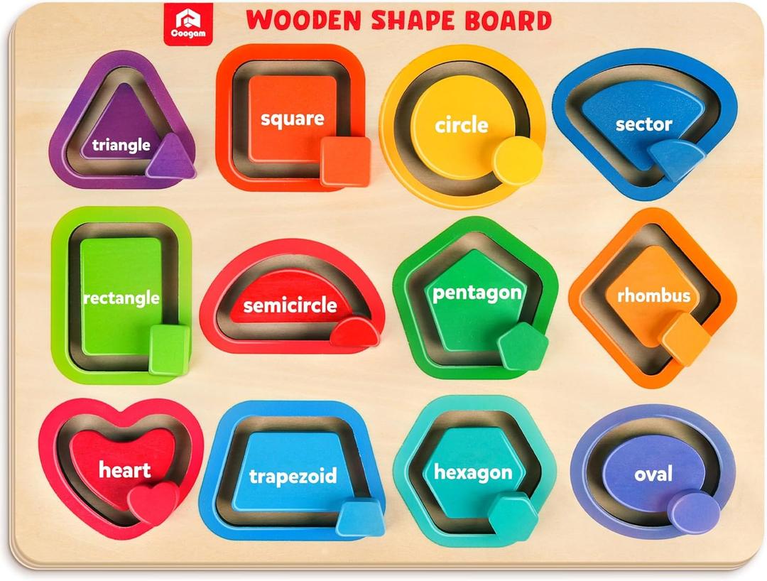 Coogam Wooden Color Shape Puzzle Board for Toddlers, Movable Sorting and Stacking Montessori Peg Board Matching Game Activities, Fine Motor Educational Learning Toys for Kids 3 4 5 Year Old