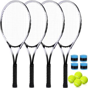 4 Pack Tennis Rackets for Adults Recreational 4 Players Pre Strung 27 Inch Tennis Racquets Lightweight Rackets Bulk with Balls Overgrips for Training