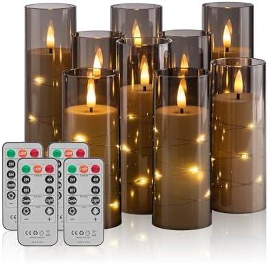 Pandaing 18 Pack Flameless Battery Operated LED Candles with Remote and Timer, Flickering Candles with Embedded Star String for Romantic Ambiance and Home Decoration, Stable Acrylic Shell (Grey)