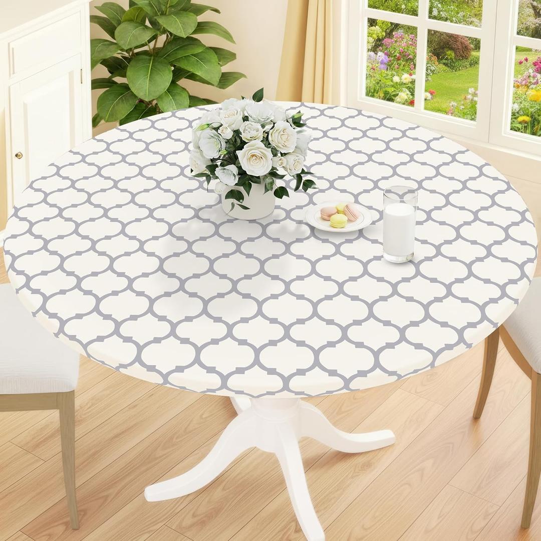 Smiry Round Picnic Tablecloth, Waterproof Elastic Fitted Table Covers for 36" - 44" Tables, Wipeable Flannel Backed Vinyl Tablecloths for Camping, Indoor, Outdoor, Beige & Grey