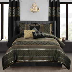 Stratford Park Geometric Black and Gold Comforter Set Queen Size, 9 Piece Jacquard Bedding Set, Ultra-Soft, Matching Shams, Bedskirt, Decorative Pillows, Curtains