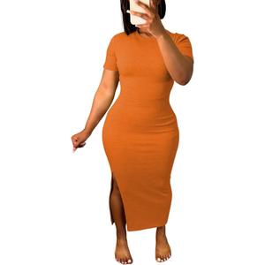 HBQ Women's T Shirt Dresses Bodycon Side-Split Maxi Sundress-Orange-M