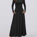 ZESICA Women's Long Sleeve Fall Maxi Dress 2026 Crewneck Knit Casual Slim Swing Pleated Dresses with Pockets (Black, M)