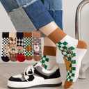 Women Crew Socks Casual Cotton Checkerboard Socks with Cartoon Bear Above Ankle Athletic Socks for Women 5 Pairs Size 5-9