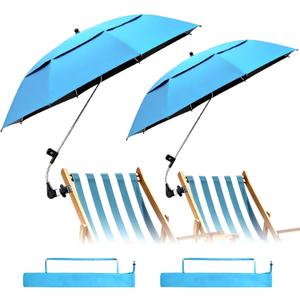 2 Pack 42 Inch Double Canopy Beach Chair Umbrella with Clamp, UPF50+ Clip on Beach Umbrella with 360 Swiwel Arm & Adjustable Clip, Portable Sun Shade for Wheelchair, Stroller, Camping (Sky Blue)