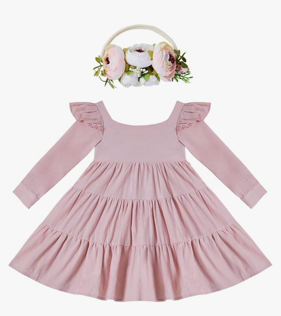 Baby Girls Linen Vintage Dress Ruffle Retro Flower Girl Dresses Boho Sundress, Size XL