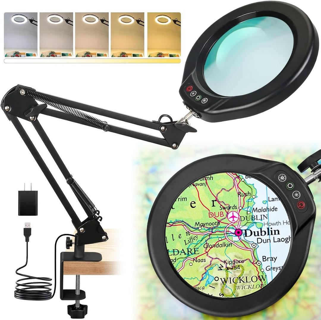 5 Inch Real Glass Magnifying Glass with Light and Clamp, 10X LED Adjustable Swivel Arm Desk Lamp, 5 Color Modes Brightness Steepless Dimmable, Hands Free Lighted Magnifier Stand for Close Work, Craft (8.7-inch Swivel Arm, Black)