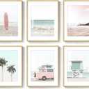 Framed Pink and Mint Green Coastal Wall Art for Living Room, 6 Piece Palm Tree Surfboard Beach Pictures Prints for Bedroom, Tropical Nautical Ocean Beachy Artwork for Hallway Walls Decor, 11x14 Inch