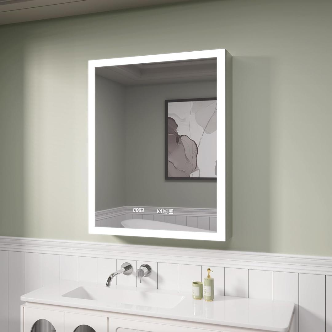 Edge LED Medicine Cabinet Mirror, 24x30 Inch Bathroom Storage, Recessed/Wall Mount, Plug-in/Hardwired, 3 Color Dimmable Light, Anti-Fog, Time Temp Display, Left Hinge
