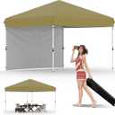 10x10 Pop Up Canopy with One Sidewall - Easy Up Camping Tent with One Button Push Setup - 1 Roller Bag, 3 Adjustable Height, 4 Weight Bags for Deck, Garden, Sports, Beach, Party - Khaki