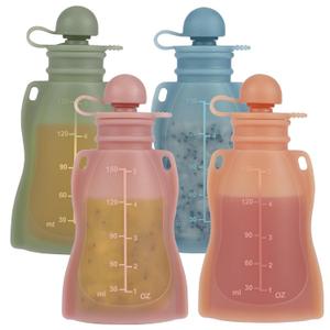 Reusable Baby Food Pouches with Straws, 4 Pack Refillable Silicone Squeezable Pouch for Kids Toddlers, BPA Free, Baby Food Storage Containers for Make Homemade, 5 oz