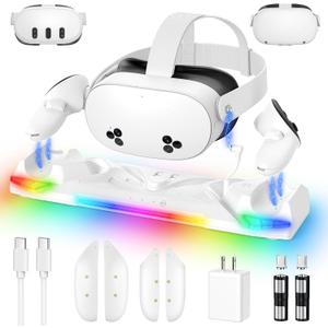 Kinwin 30W Fast Charging Dock for Meta Quest 3S/3/2, Magnetic Charger Station Stand for Oculus Quest 3S/3 Accessories with 11-Color RGB Light, 2 Rechargeable Batteries & Covers for Headset (White)
