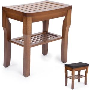 StrongTek Bamboo Shower Bench Seat with Cushion, Shower Stool with Storage Shelf, Lightweight, Non-Slip, Quick-Drain Design, 350 lbs Capacity, Ideal for Bathroom, Spa, Sauna, Living Room (Espresso)